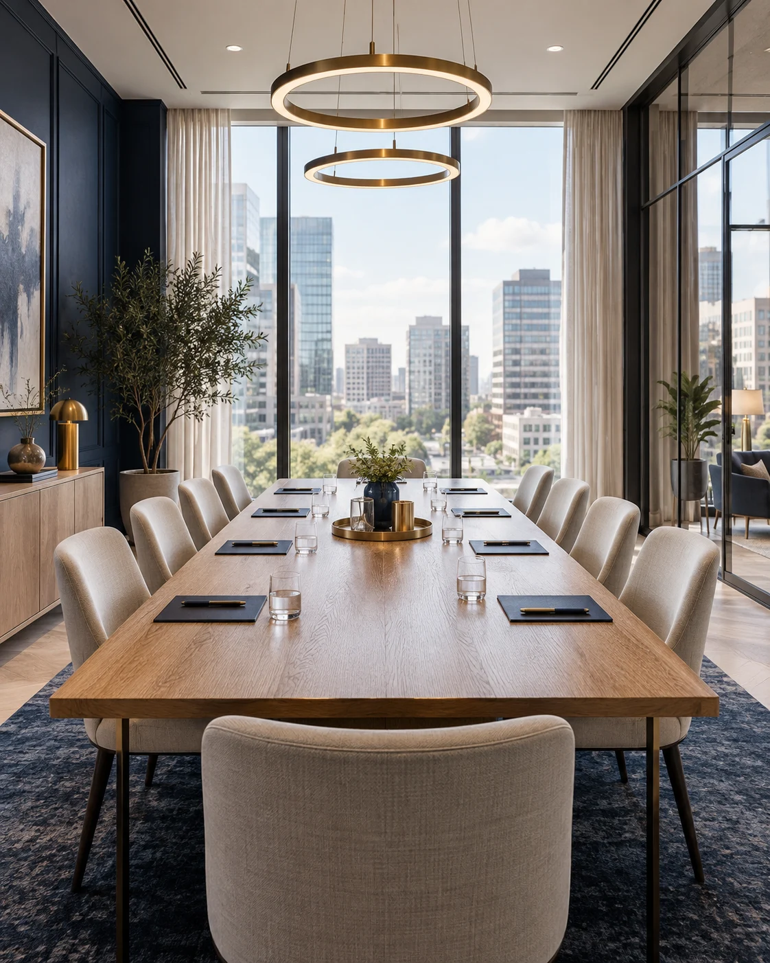 An illustrative meeting room with an oak table, upholstered chairs and tall city-facing windows